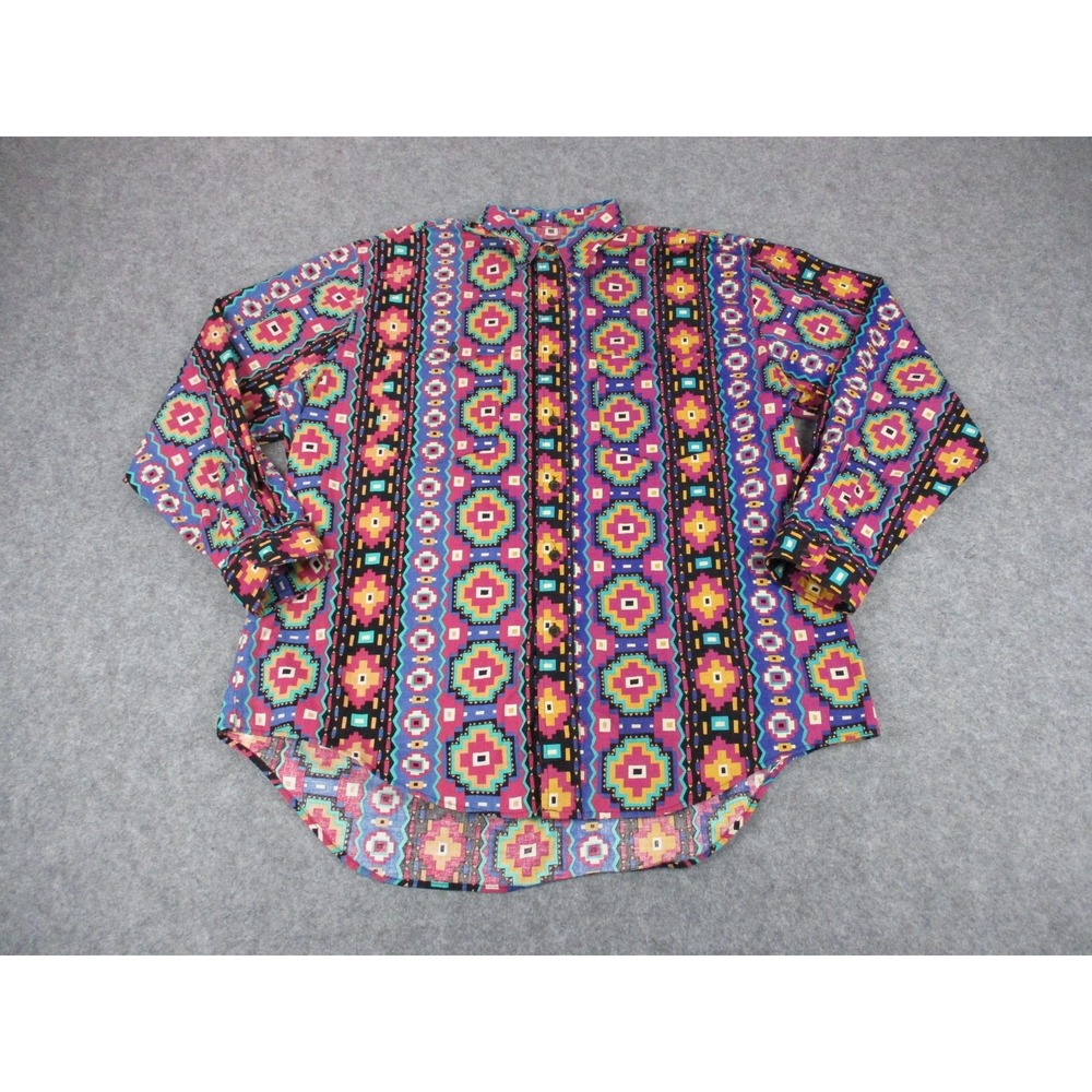 VTG Frontier Series Shirt Men Large Blue Red Aztec Button Up Long Sleeve Western